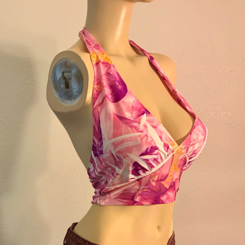 Women’s sublimation botanical print crop top halter sexy pink & coral NWOT S M L